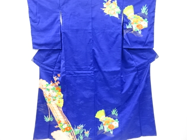 JAPANESE KIMONO / VINTAGE HOMONGI / EMBROIDERY / FLOWER FOLDING FAN PATTERN